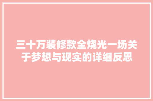 三十万装修款全烧光一场关于梦想与现实的详细反思