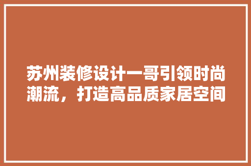 苏州装修设计一哥引领时尚潮流，打造高品质家居空间