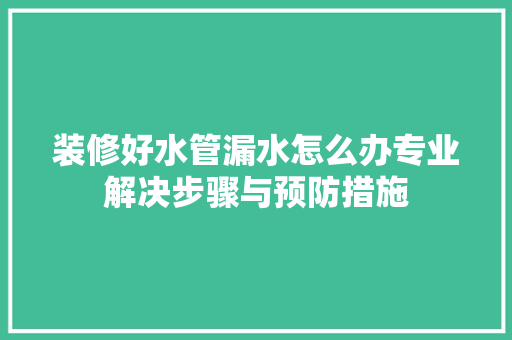 装修好水管漏水怎么办专业解决步骤与预防措施