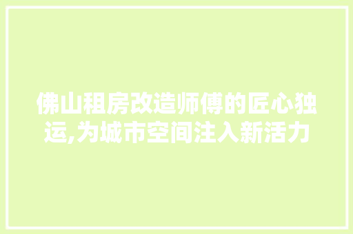 佛山租房改造师傅的匠心独运,为城市空间注入新活力