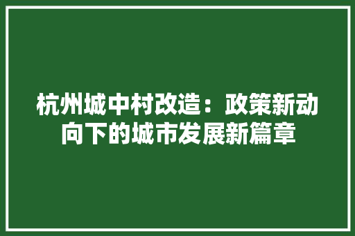 杭州城中村改造：政策新动向下的城市发展新篇章
