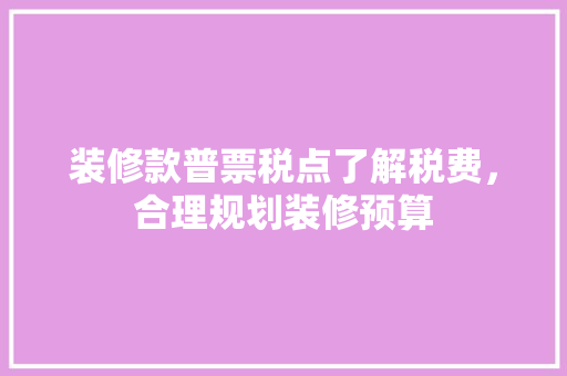 装修款普票税点了解税费，合理规划装修预算